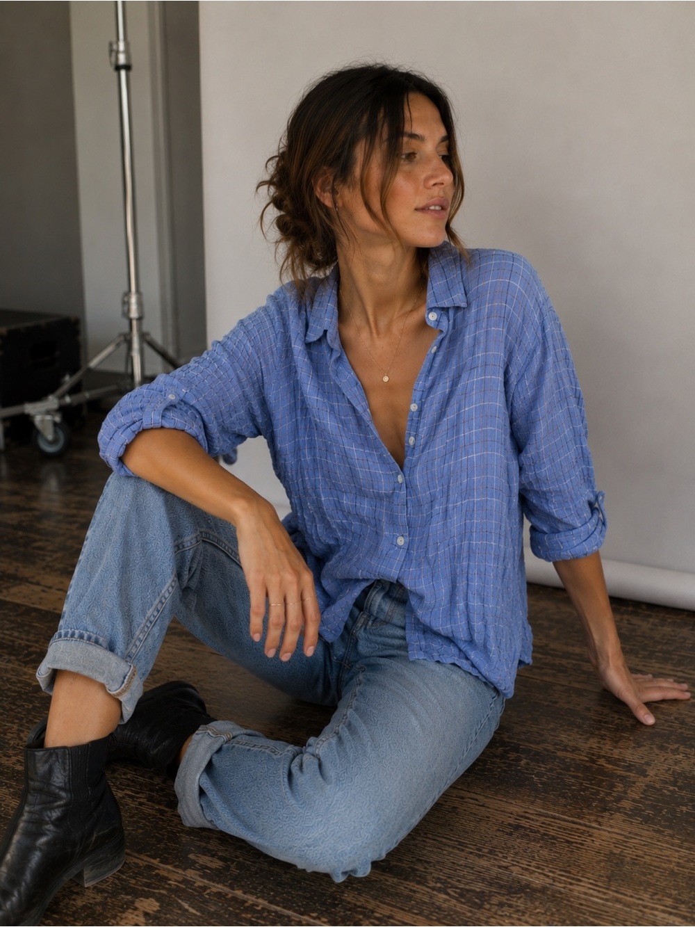Max Studio Light Blue Crinkled Check Button-Up Shirt